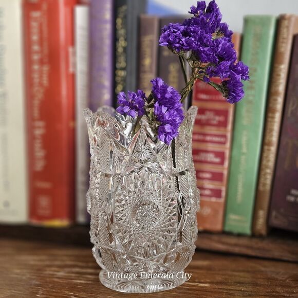 Vtg Brunswick Brilliant Cut Clear Floral Glass Vase Hobstar Sawtooth Rim/ READ - Picture 12 of 12